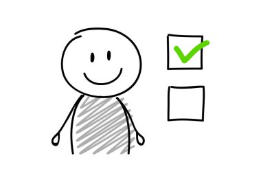 Onay kutusu simgesi ile komik karikatür çöp adam. Vektör.