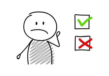 Onay kutusu simgesi ile komik karikatür çöp adam. Vektör.