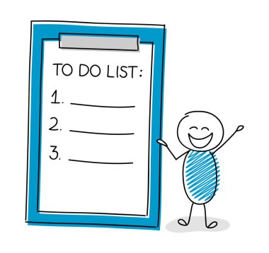 Yapılacaklar listesi sevimli çöp adam tutarak. Vektör.