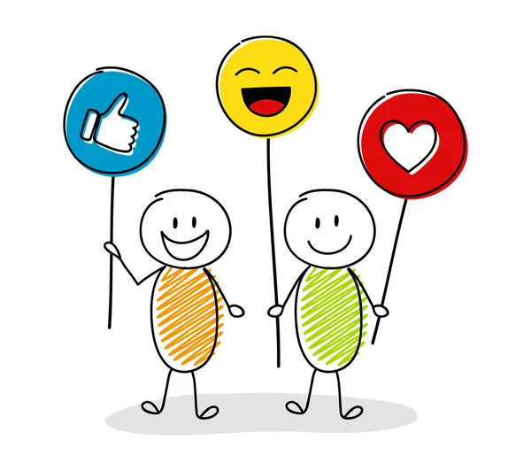 ソーシャル メディアのアイコンが付いている気球を持っている人の幸せなグループ ベクトル — ストックベクタ
