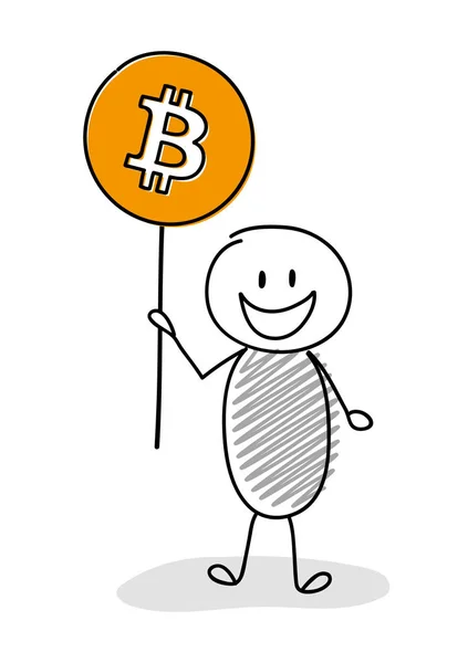 Trzymając Rękę Wyciągnąć Balon Bitcoin Szczęśliwy Stickman Wektor — Wektor stockowy