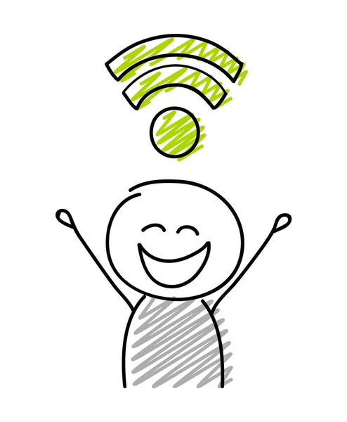 Stickman Happy Facial Expression Holiding Wifi Internet Icon Vector — Stock Vector