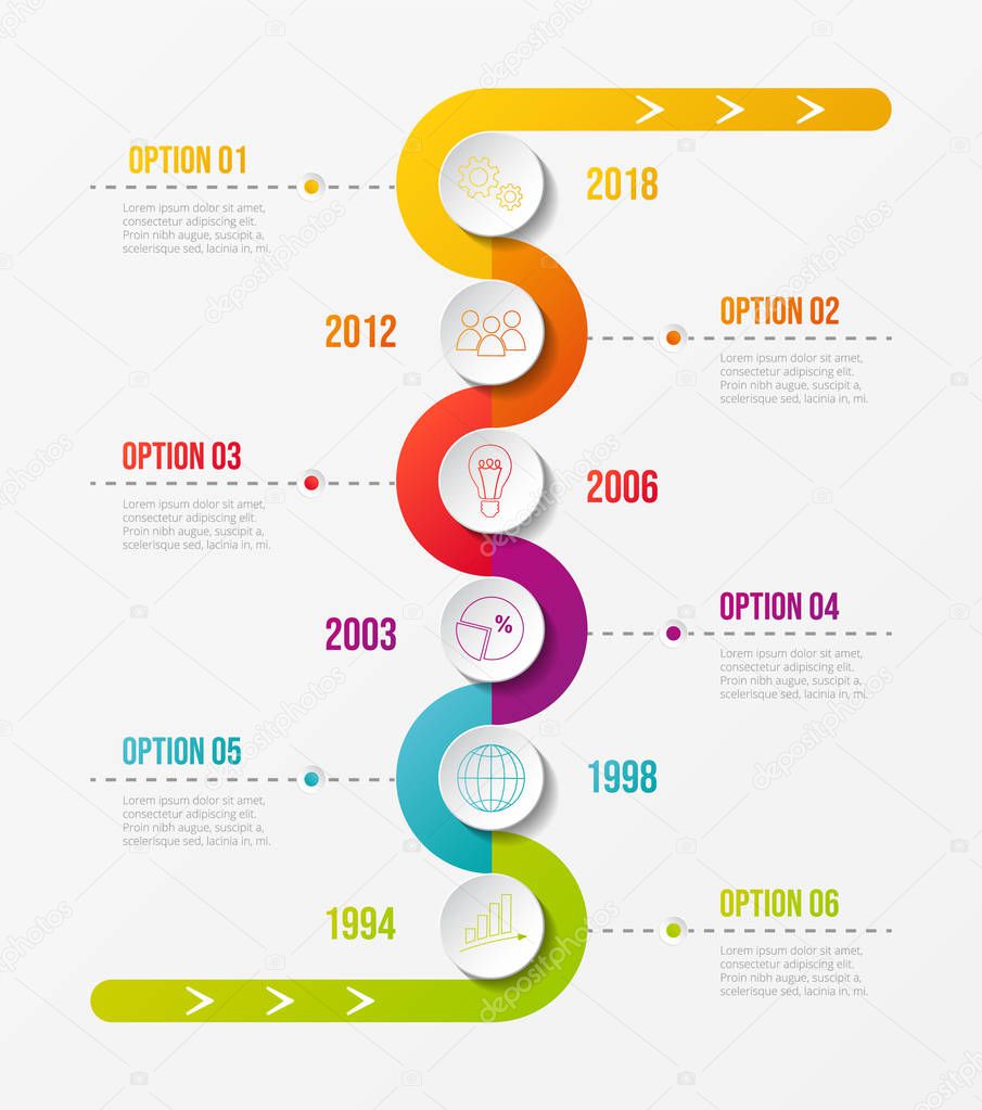 Colourful company timeline with round business icons. Vector.