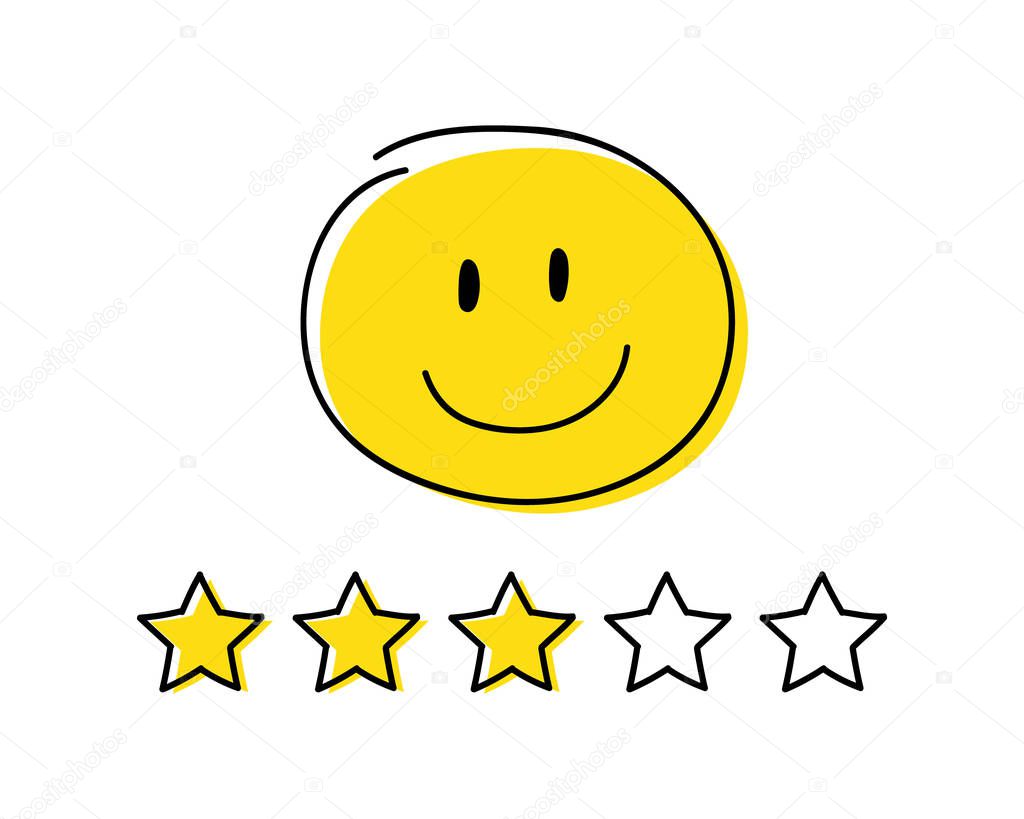 Rating icon - three stars. Yellow coloured happy stickman. Vector.