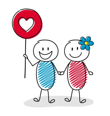 Mutlu çift balon kalp ile tutarak aşık. Vektör.
