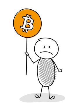 El çekilmiş bitcoin simgesi ile üzgün çöp adam. Vektör.