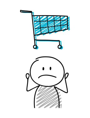 Alışveriş Sepeti simgesini şaşkın yüz ifadesi holiding ile çöp adam. Vektör.