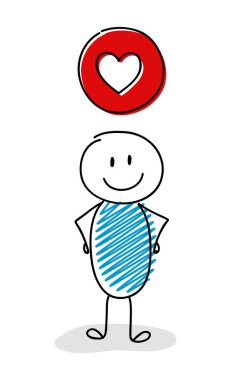 Gülen ile kalp - aşk (sosyal medya) simgesini çöp adam. Vektör.