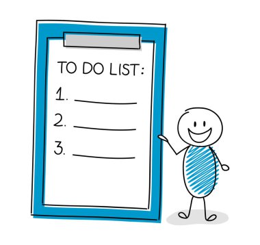 Yapılacaklar listesi mutlu çöp adam tutarak. Vektör.