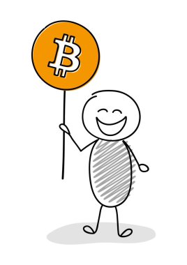 El çekilmiş bitcoin simgesi tutan mutlu çöp adam. Vektör.