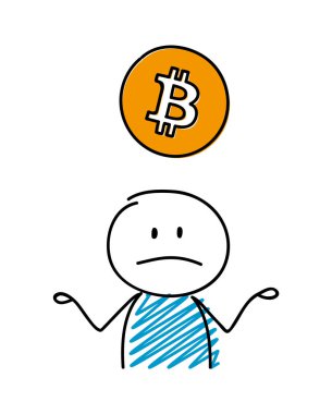 Bitcoin simgesi tutan üzgün çizgi film charcater. Vektör.
