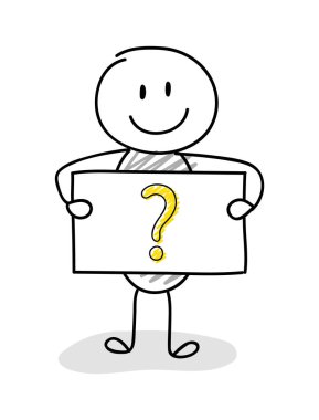 Sorgulama simgesi olan komik çöp adam. Vektör.