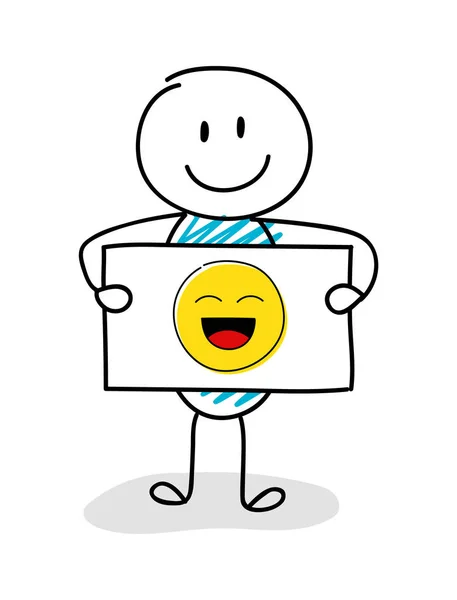 Smiley Stickman Segurando Bordo Com Ícone Emoji Rindo Vetor — Vetor de Stock