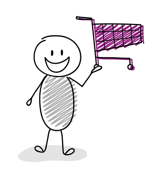 Cartoon Stikman Handing Shopping Cart Icon Вектор — стоковый вектор