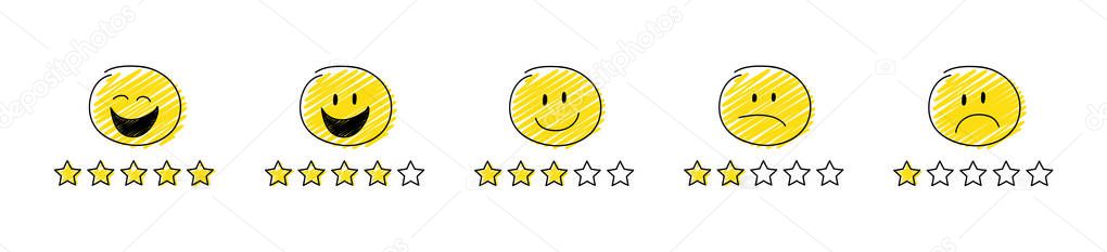 Set of review icons - star rating with cartoon stickman. Vector.