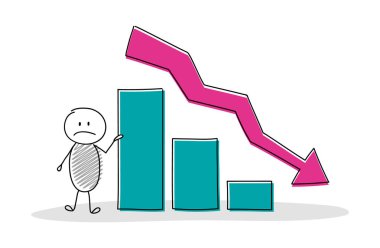 Grafik sütunlarla gösterilen çizgi film çöp adam. Vektör.