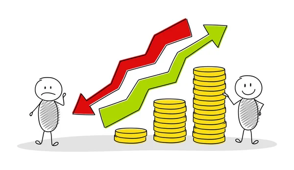 Business illustration showing cartoon stickmen with money graph. Vector.