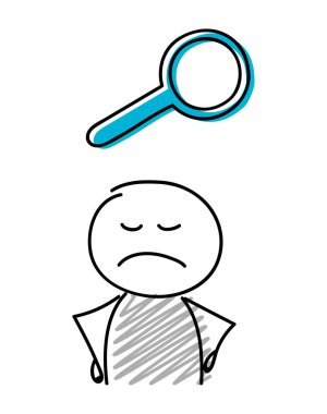 Kızgın yüz ifadesi holiding büyüteç (arama) simgesi olan çöp adam. Vektör.