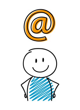 E-posta adresi simgesi ile gülen çöp adam. Vektör.