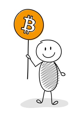 Gülen el çekilmiş balon bitcoin ile tutarak çöp adam. Vektör.
