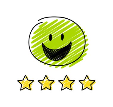 Bir daha gözden geçirme - dört yıldızlı rating. Mutlu yeşil renkli çöp adam. Vektör.