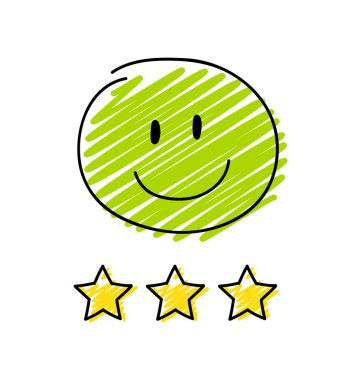 Bir daha gözden geçirme - üç star rating. Mutlu yeşil renkli çöp adam. Vektör.