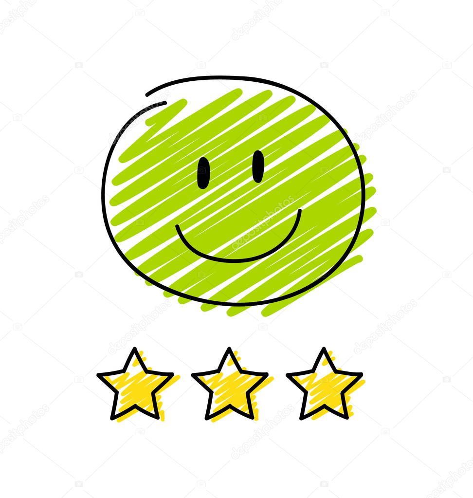 Review - three star rating. Happy green coloured stickman. Vector.