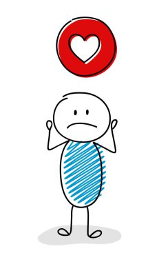 Kalp - aşk (sosyal medya) simgesi ile karışık çöp adam. Vektör.