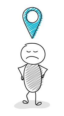 Harita PIN (coğrafi etiket) sembolü tutarak çöp adam karikatür. Vektör.