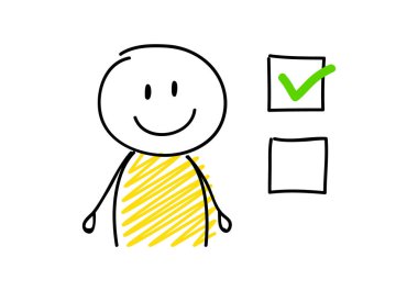 Çöp Adam yüz ifadesi ve kene simgeleri ile karikatür. Vektör.