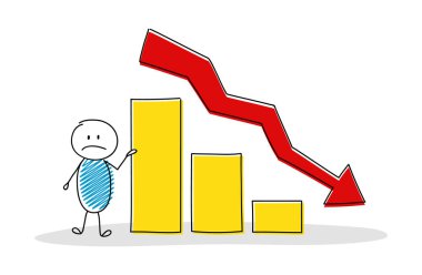 Komik el çekilmiş işadamı gösteren sütun grafik. Vektör.