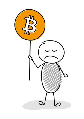 Ballon el çekilmiş bitcoin simgesi ile tutarak kızgın çöp adam. Vektör.
