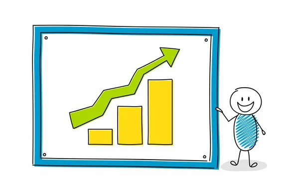 Caricatura Stickman Mostrando Gráfico Com Colunas Vetor —  Vetores de Stock