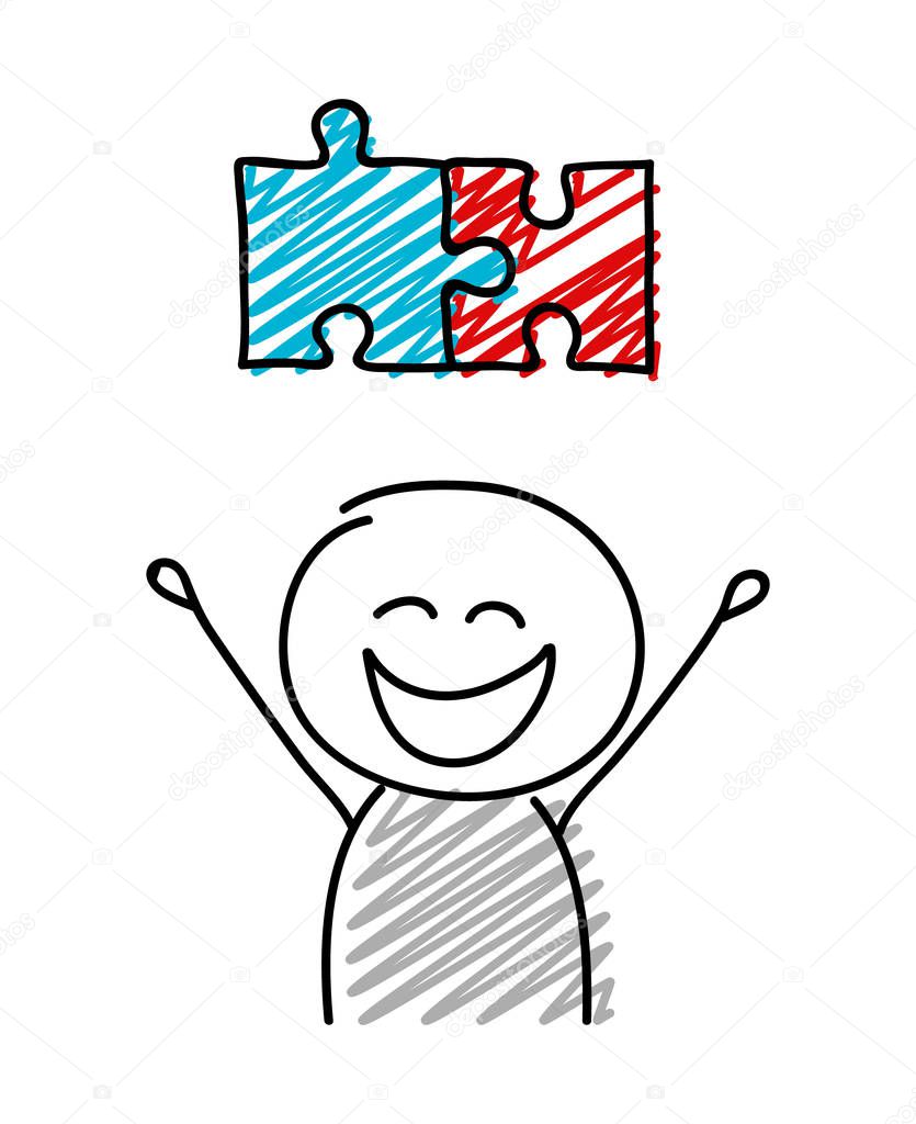 Stickman with happy facial expression holiding puzzle icon - success concept icon. Vector.