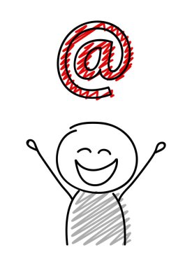 Mutlu yüz ifadesi holiding e-posta adresi simgesi ile çöp adam. Vektör.