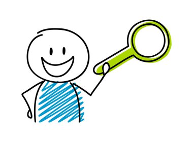 Büyüteç simgesiyle mutlu çöp adam. Vektör.