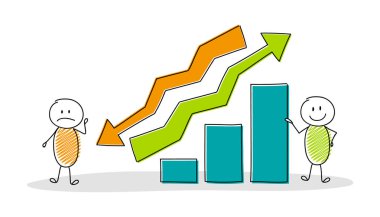 Sütun grafiği tutan mutlu karikatür işadamları. Vektör.