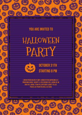 Cadılar Bayramı Partisi Davetiyesi komik kabaklar ve örnek metin düzeni. Vektör.