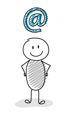 E-posta adresi simgesi tutarak çöp adam karikatür. Vektör.