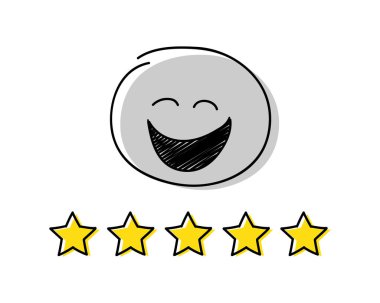 Derecelendirme Icon - beş yıldız. Gri renkli mutlu çöp adam. Vektör.