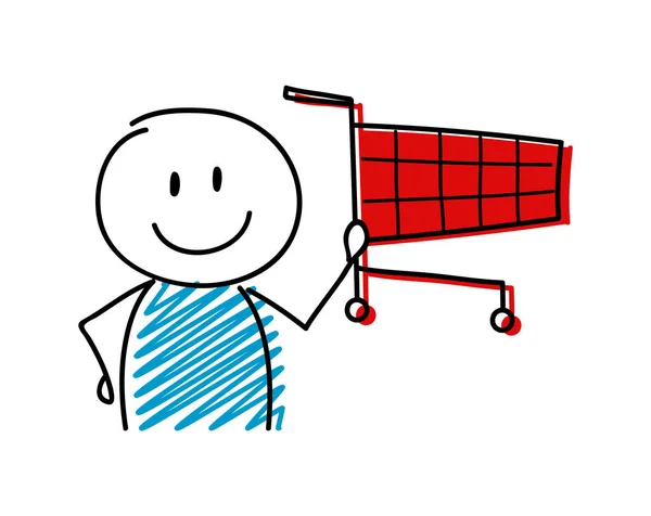 Icono Carrito Compras Con Stickman Sonriente Vector — Archivo Imágenes Vectoriales