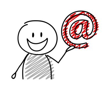 Mutlu yüz ifadesi holiding e-posta adresi simgesi ile çöp adam. Vektör.