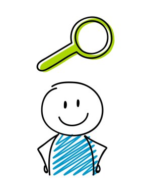 Büyüteç simgesiyle gülen çöp adam. Vektör.