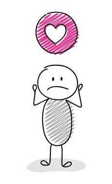 Çöp adam kalp (aşk) simgesi tutan karikatür. Vektör.