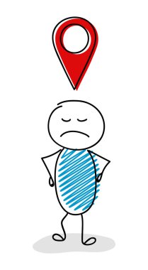 Coğrafi etiket (harita PIN) simgesiyle kızgın çöp adam. Vektör.