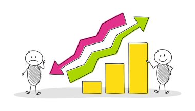 Sütun grafiği gösterilen elle çizilmiş stickmen ile iş kavramı. Vektör.