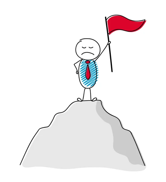 领导的概念手画 Stickman 持有国旗和攀登在山顶上 — 图库矢量图片