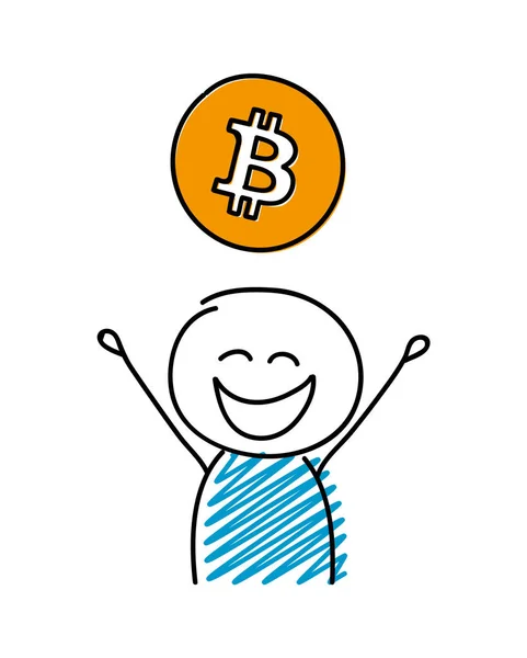 Stickman Feliz Con Icono Bitcoin Vector — Vector de stock