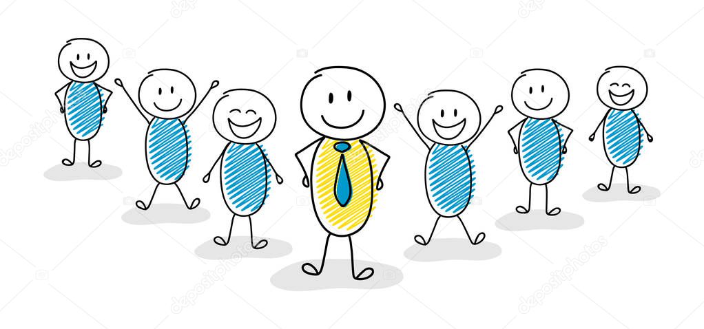 Business concept with group of hand drawn people with their team leader. Vector.