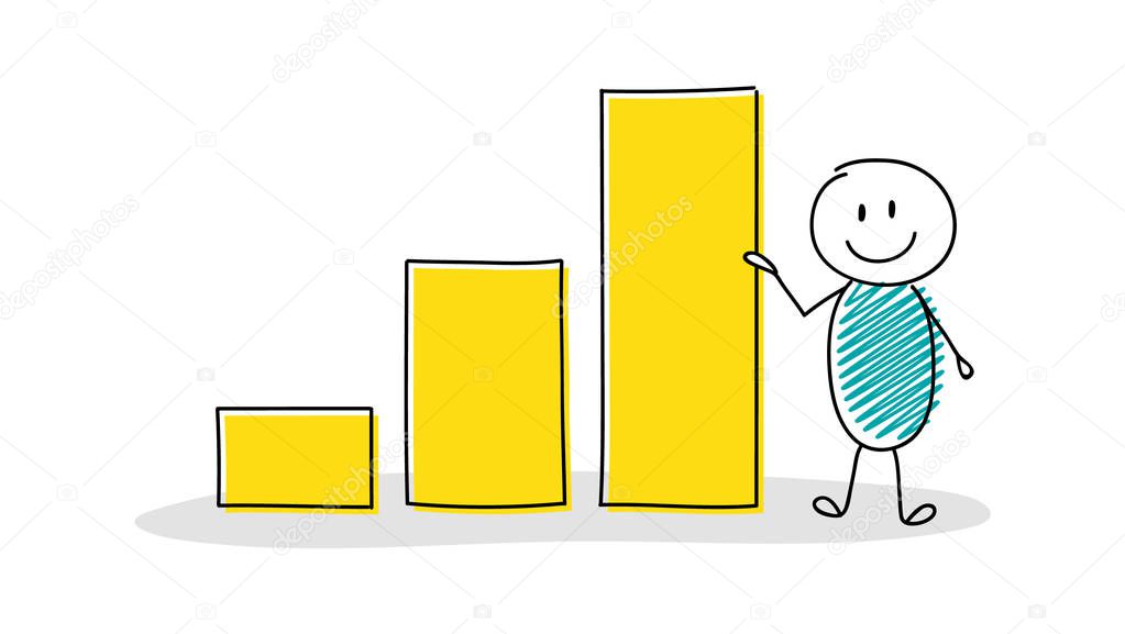 Funny hand drawn businessman showing column graph. Vector.